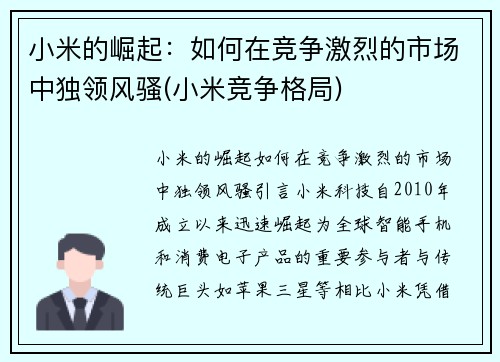 小米的崛起：如何在竞争激烈的市场中独领风骚(小米竞争格局)
