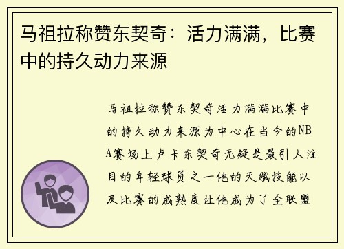 马祖拉称赞东契奇：活力满满，比赛中的持久动力来源