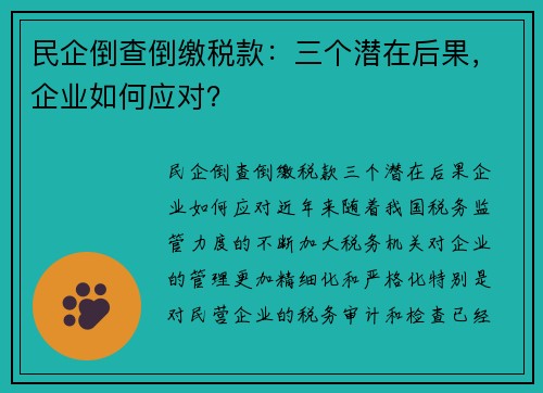 民企倒查倒缴税款：三个潜在后果，企业如何应对？