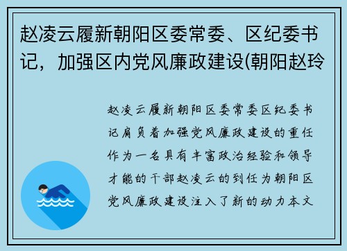 赵凌云履新朝阳区委常委、区纪委书记，加强区内党风廉政建设(朝阳赵玲)
