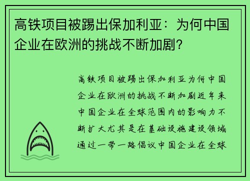 高铁项目被踢出保加利亚：为何中国企业在欧洲的挑战不断加剧？