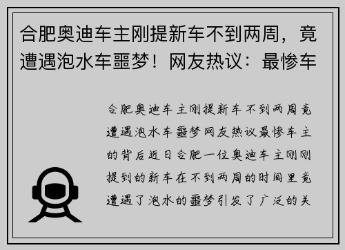 合肥奥迪车主刚提新车不到两周，竟遭遇泡水车噩梦！网友热议：最惨车主